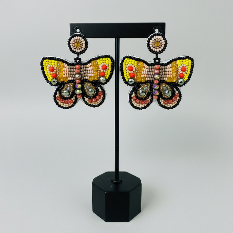 Butterfly Beaded Earrings - Yellow and Orange