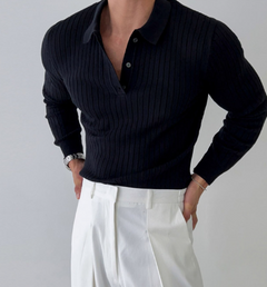 Men's Ribbed Knit Polo Shirt - Casual Button-Up Top