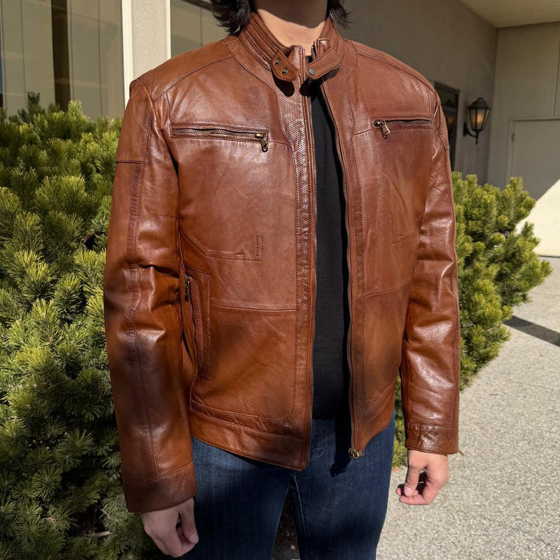 BOL Men’s Snap Collar Leather Racer Jacket. Genuine Sheep Leather Cafe Racer with 4 Zip Pockets