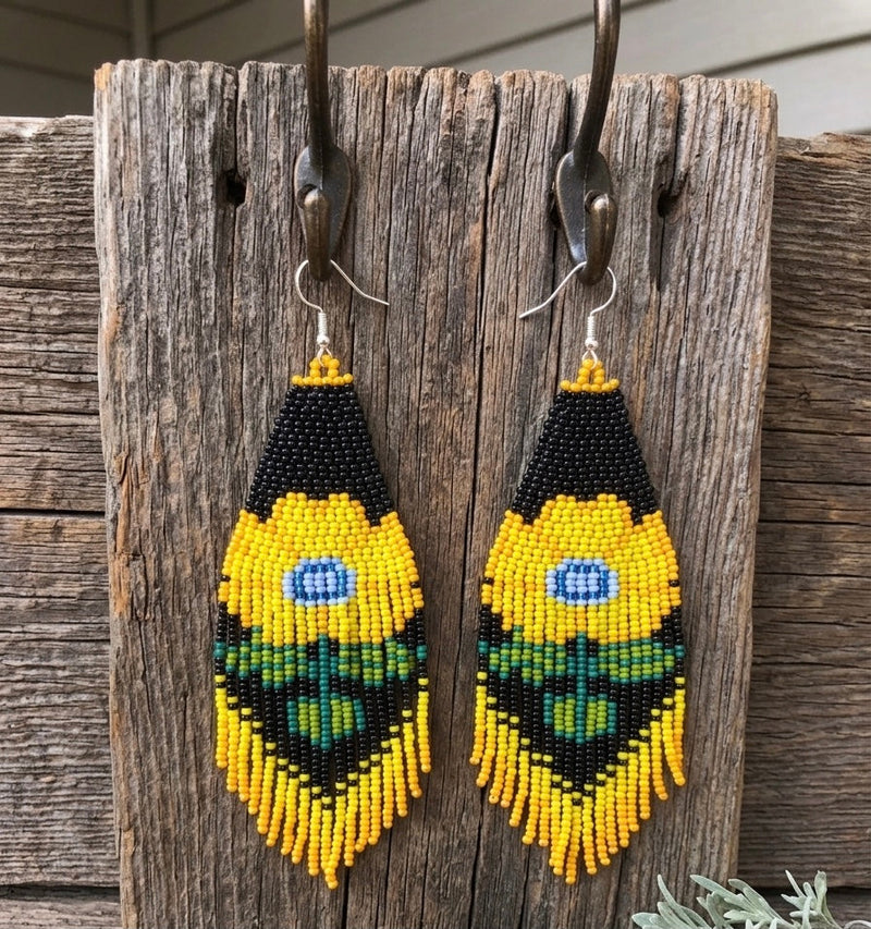 Flower Beaded Earrings ( Yellow )