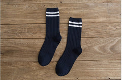 Ladies Middle School Style Piled Socks with Two Bars