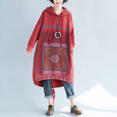 Gradient Color Printed Hooded Sweater Long Dress