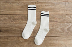 Ladies Middle School Style Piled Socks with Two Bars
