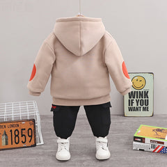 Boys' Thick Hooded Winter Outfit Set (Two Pieces)