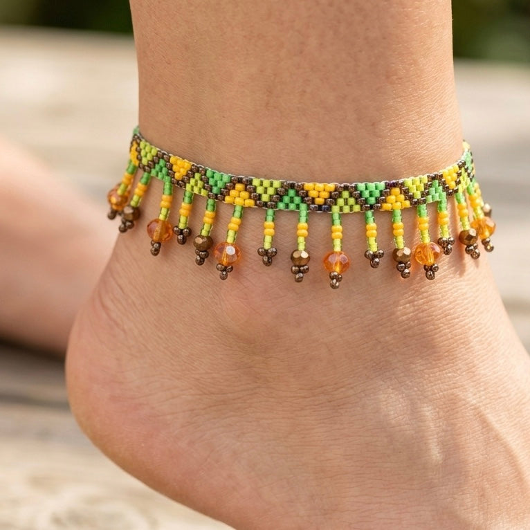 Beaded Anklet Green Orange