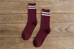 Ladies Middle School Style Piled Socks with Two Bars