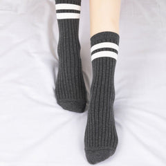 Ladies Middle School Style Piled Socks with Two Bars