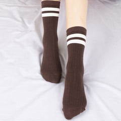 Ladies Middle School Style Piled Socks with Two Bars