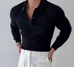 Men's Ribbed Knit Polo Shirt - Casual Button-Up Top