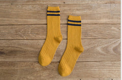 Ladies Middle School Style Piled Socks with Two Bars