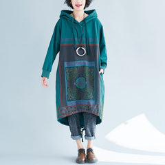 Gradient Color Printed Hooded Sweater Long Dress