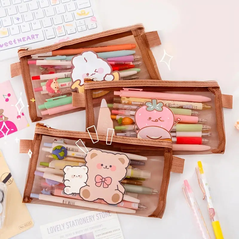 Cartoon Net Gauze Pencil Bag for Primary School Students