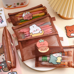 Cartoon Net Gauze Pencil Bag for Primary School Students